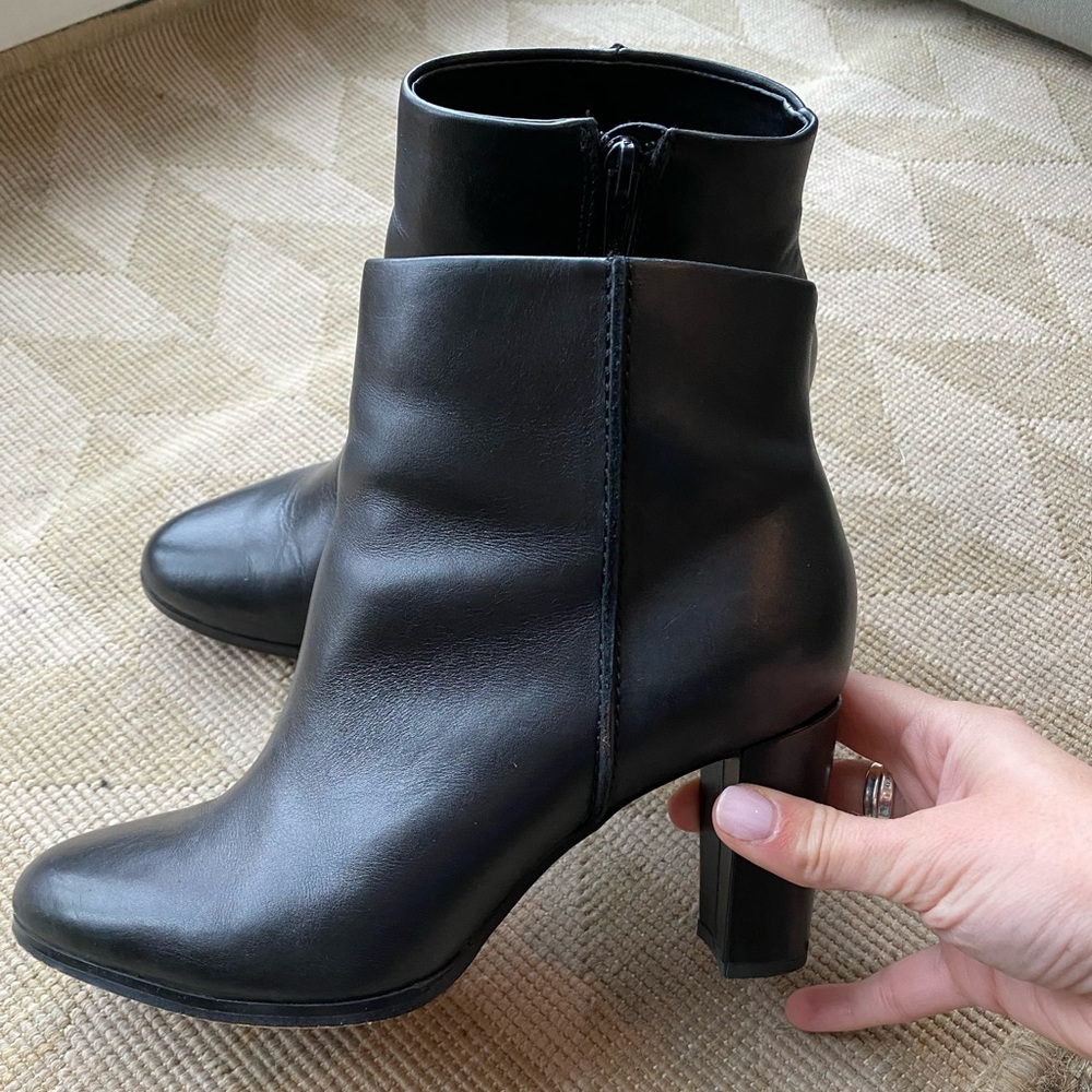 Clarks— black, leather ankle booties.